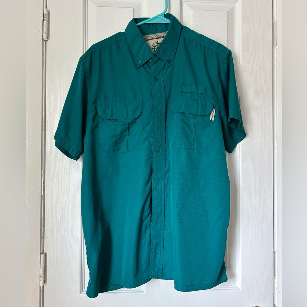 Men’s Green/Blue Fishing Button Short Sleeve Shirt